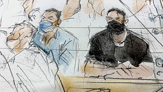 A September sketch shows sketch shows key defendant Salah Abdeslam (R) in the special courtroom built for the 2015 attacks trial.