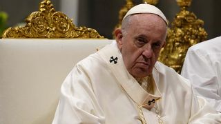 Pope Francis sits as he celebrates mass with members of religious institutions on the occasion of the World Day of Consecrated Life on February 2. 