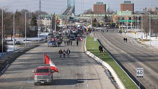 Canada - Les manifestants anti-restrictions sanitaires bloquent le pont Ambassador entre l'Ontario (Canada) et le Michigan (Etats-Unis), 9 Février 2022