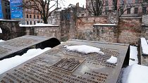 The memorial on the ruins of the Riga Choral Synagogue burned to the ground by Nazis in 1941, in memory of those who perished in the blaze, in Riga, Latvia, Feb. 10,