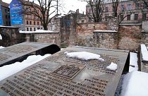 The memorial on the ruins of the Riga Choral Synagogue burned to the ground by Nazis in 1941, in memory of those who perished in the blaze, in Riga, Latvia, Feb. 10,