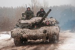 A Ukrainian tank moves during military drills close to Kharkiv, Ukraine, Thursday, Feb. 10, 2022. A Ukrainian tank moves during military drills close to Kharkiv, Ukraine, Thursday, Feb. 10, 2022.