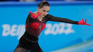 Kamila Valieva of the Russian Olympic Committee competes in the women's team free skate program during the figure skating competition at the 2022 Winter Olympics, Feb. 7, 2022