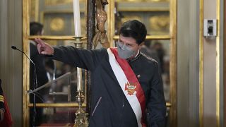 El presidente de Perú, Pedro Castillo, durante la toma de posesión de su nuevo gabinete en el palacio de gobierno, 8/2/2022, Lima, Perú