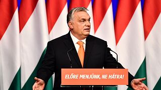 رئيس الوزراء المجري فيكتور أوربان يلقي خطابه السنوي عن حالة الأمة في قاعة مؤتمرات فاركرت بازار في بودابست . السبت 12 فبراير 2022.