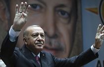 Turkey's President Recep Tayyip Erdogan gestures as he addresses his party members, in Ankara in 2020