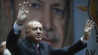 Turkey's President Recep Tayyip Erdogan gestures as he addresses his party members, in Ankara in 2020