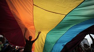 A man is seen underneath the rainbow flag during the the fourth gay pride rally in the Bulgarian capital of Sofia on June 18, 2011.