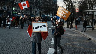 متظاهرون غاضبون يحملون لافتات كتب عليها "الحرية" و"قافلة الحرية" في مظاهرات في باريس، فرنسا، الجمعة 11 فبراير 2022.