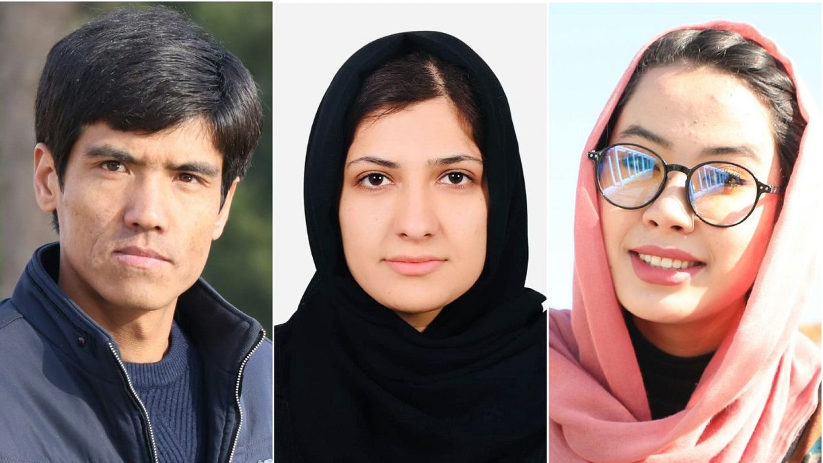 Newly arrived in Europe: Reza Omid (L), Zahra Haidari (C) and Atefa Hesary (R) fled Afghanistan after the Taliban's takeover on August 15, 2021