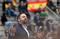 Leader of the far-right party Vox, Santiago Abascal gives a speech during a campaign meeting at the bullring in San Sebastian de los Reyes, near Madrid, on April 24, 2021.