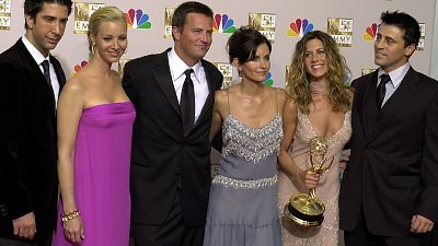 David Schwimmer, Lisa Kudrow, Matthew Perry, Courteney Cox Arquette, Jennifer Aniston and Matt LeBlanc after the show won outstanding comedy series at the 2002 Emmys