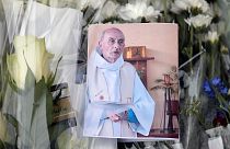 A picture of late Father Jacques Hamel at the makeshift memorial  in Saint-Etienne-du-Rouvray, Normandy, France, July 27, 2016.