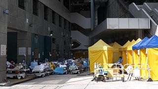 Caritas Medical Centre's Accident and Emergency department in Hong Kong, beds and tents placed outside entrance.