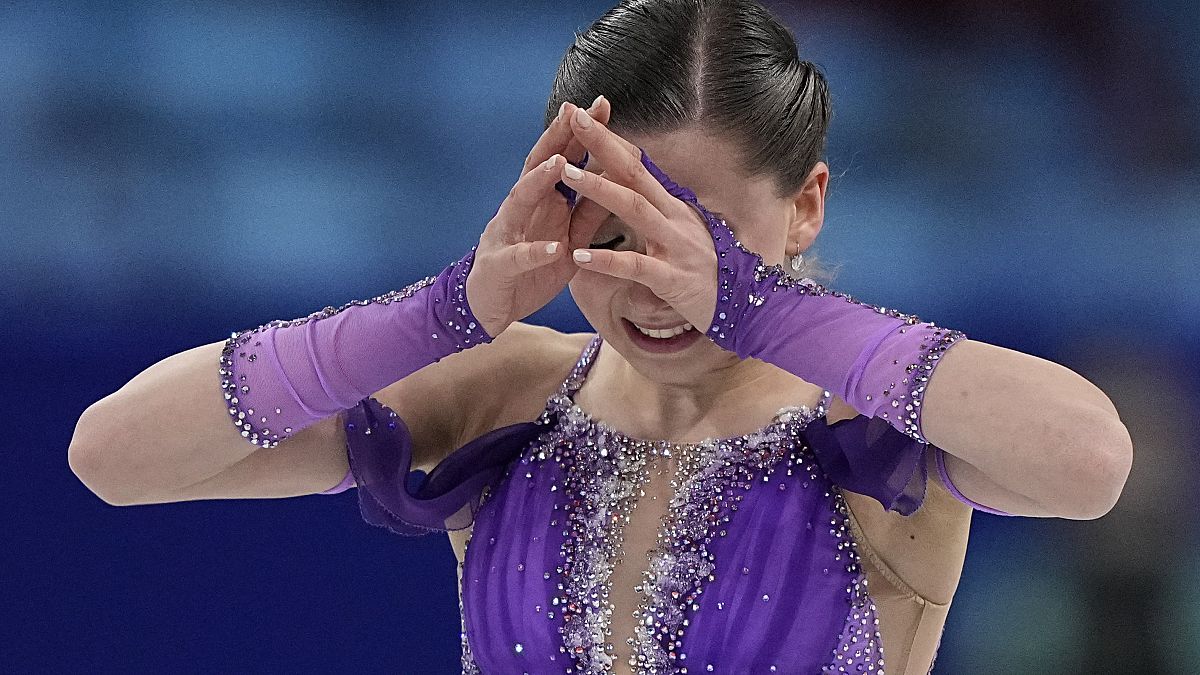 Kamila Valieva, of the Russian Olympic Committee, reacts in the women's short programme during the figure skating at the 2022 Winter Olympics in Beijing, February 15, 2022.