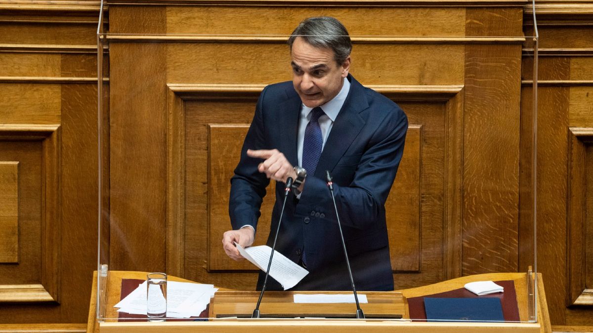 Greek Prime Minister Kyriakos Mitsotakis speaks during a parliamentary session in Athens, on Feb. 15, 2022.