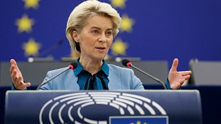 European Commission President Ursula von der Leyen delivers her speech at the European Parliament, Feb. 16, 2022 in Strasbourg.