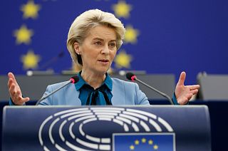 European Commission President Ursula von der Leyen delivers her speech at the European Parliament, Feb. 16, 2022 in Strasbourg.