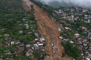 An aerial view shows neighborhood affected by landslides in Petropolis, Brazil, Wednesday, Feb. 16, 2022.