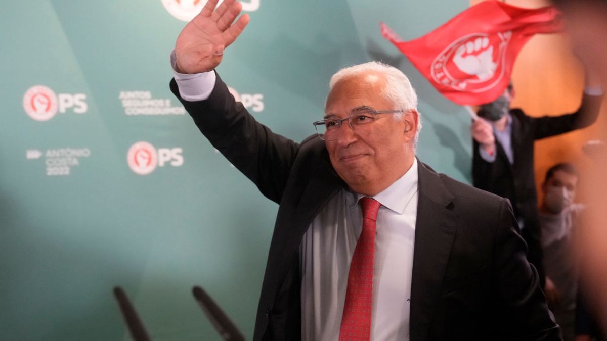 Portuguese Prime Minister and Socialist Party Secretary General Antonio Costa waves to supporters following the election result.