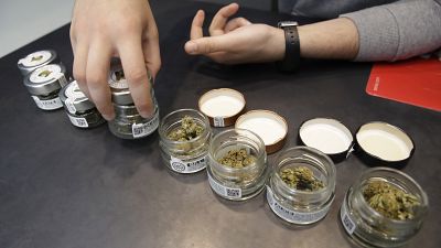 In this Thursday, June 6, 2019 a shop assistant opens jars of cannabis buds at a cannabis light store in Milan, Italy.