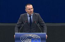Bulgarian MEP Angel Dzhambazki speaks in the European Parliament in Strasbourg on February 16, 2022. 