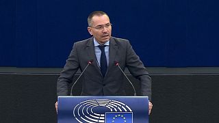 Bulgarian MEP Angel Dzhambazki speaks in the European Parliament in Strasbourg on February 16, 2022. 