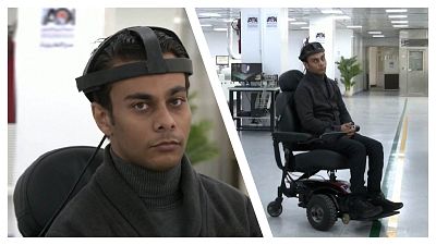 Image shows 24-year-old scientific researcher, Abdelrahman Omran who created a wheelchair device controlled by brainwaves.