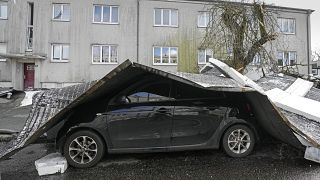 A storm has blown a roof of an apartment house on a street in Gelsenkirchen, Germany, Thursday, Feb. 17, 2022