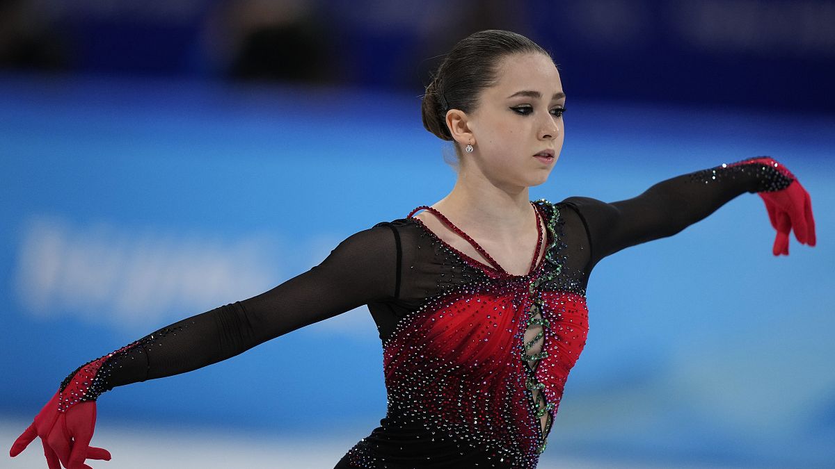 Kamila Valieva, of the Russian Olympic Committee, competes in the women's free skate program during the figure skating competition at the 2022 Winter Olympics.