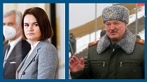 A g. : La cheffe de l'opposition bélarusse Svetlana Tsikhanouskaïa (22/11/2021) - A dr. : le président bélarusse Alexandre Loukachenko (17/02/2022)