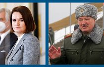 A g. : La cheffe de l'opposition bélarusse Svetlana Tsikhanouskaïa (22/11/2021) - A dr. : le président bélarusse Alexandre Loukachenko (17/02/2022)
