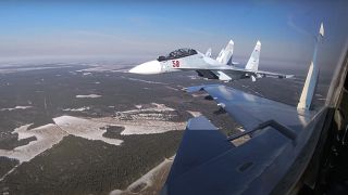 Su-30 fighters of the Russian and Belarusian air forces fly in a joint mission during the Union Courage-2022 Russia-Belarus military drills in Belarus.