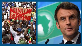 A g. manifestation contre la Minusma et Barkhane (Bamako, le 21/08/2020) / A dr. : le président français Emmanuel Macron  (Bruxelles, le 18/02/2022)