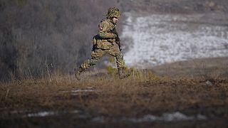 Ukrayna'nın doğusundaki Donetsk'te askeri tatbikat sırasında bir Ukrayna askeri