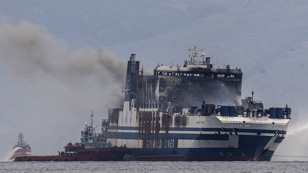 Smoke rises from the Italian-flagged Euroferry Olympia, which is on fire for third day, in the Ionian sea near the Greek island of Corfu, on Sunday, Feb. 20, 2022.