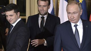 rench President Emmanuel Macron (C), Russian President Vladimir Putin (R) and Ukrainian President Volodymyr Zelenskyy (L), in Paris, France, December 9, 2019. 