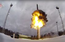 This photo taken from video provided by the Russian Defense Ministry on Saturday, Feb. 19, 2022, shows an intercontinental ballistic missile being launched during drills.