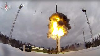 This photo taken from video provided by the Russian Defense Ministry on Saturday, Feb. 19, 2022, shows an intercontinental ballistic missile being launched during drills.