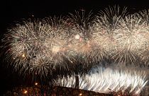 Fireworks explode during the closing ceremony of the 2022 Winter Olympics, Sunday, Feb. 20, 2022, in Beijing.