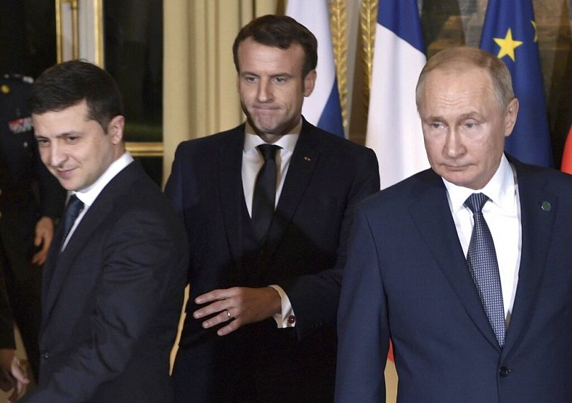 Emmanuel Macron, Vladimir Poutine et Volodymyr Zelensky au sommet de Paris en décembre 2019.