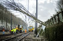 Workers carry out repair work on an overhead line and a railway in Maarssen on February 19, 2022, after Storm Eunice hit northern Europe.