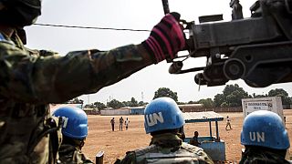Des militaires de la MINUSCA patrouillent près de Bangui, en République centrafricaine, en janvier 2021.