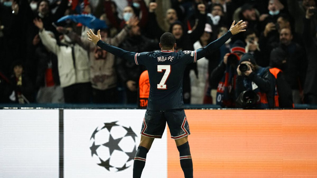 PSG's Kylian Mbappe celebrates after scoring