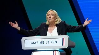 French far-right leader Marine Le Pen delivers a speech during a campaign rally, Feb. 5, 2022 in Reims, eastern France.