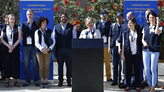 إلينا فالنسيانو رئيسة  بعثة الاتحاد الأوروبي لمراقبة الانتخابات النيابية العامة في لبنان عام 2018 ، خلال مؤتمر صحفي في بيروت، لبنان، الجمعة 4 مايو، 2018.