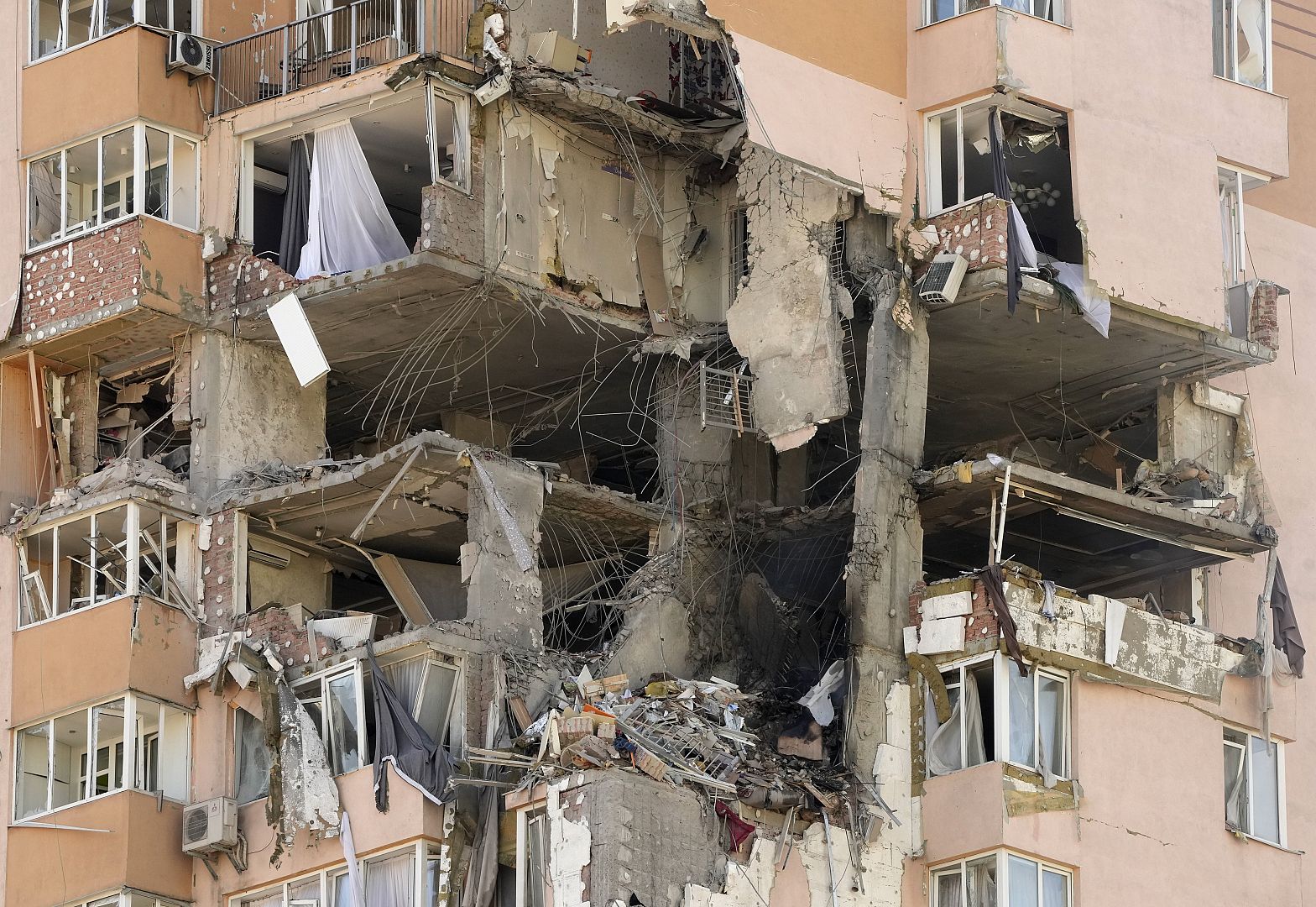 An apartment building damaged following a rocket attack on the city of Kyiv, Ukraine. Russian troops stormed toward Ukraine's capital. February 26, 2022 