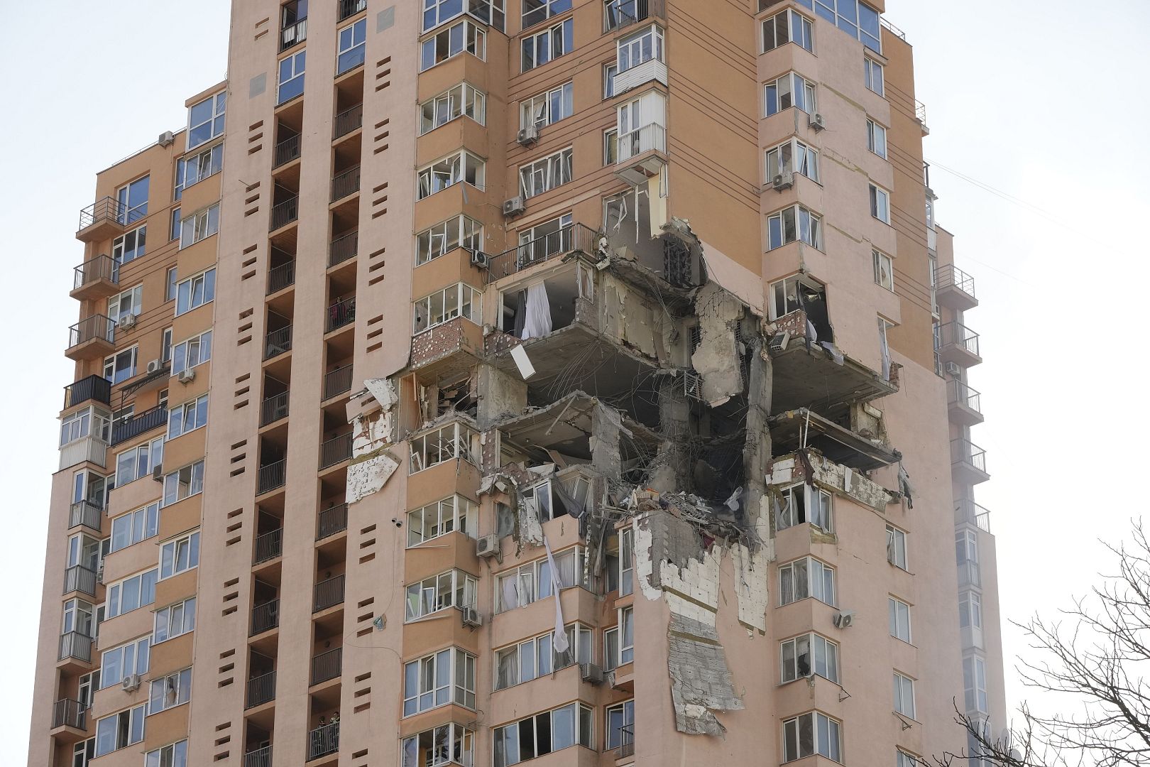 An apartment building damaged following a rocket attack on the city of Kyiv, Ukraine. Russian troops stormed toward Ukraine's capital. February 26, 2022 