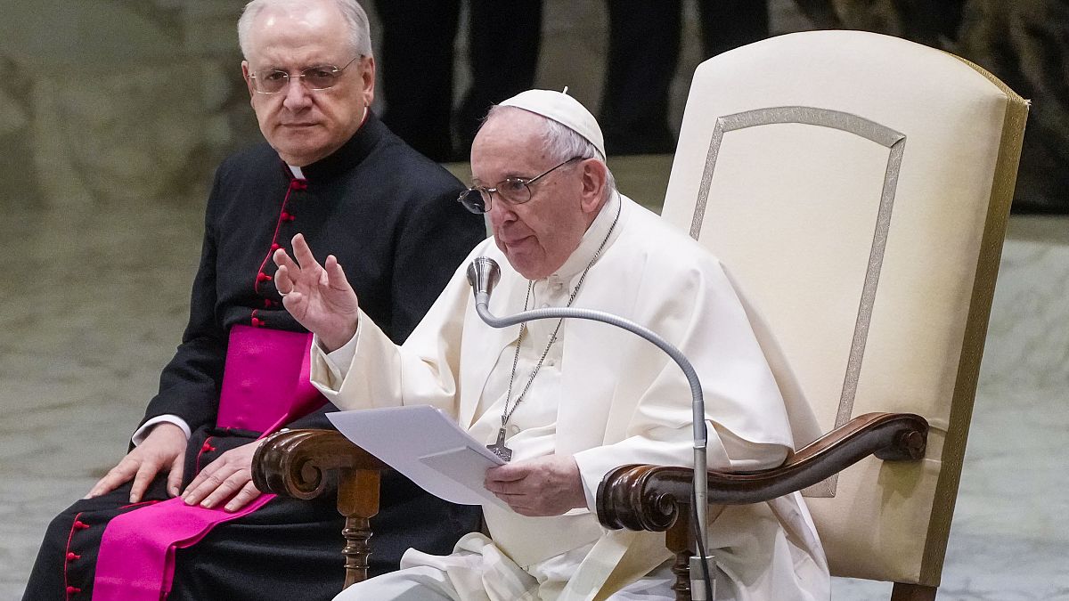 Pope Francis speaks during his weekly general audience in the Paul VI Hall at the Vatican, Wednesday, Feb. 23, 2022.