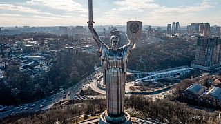 FILE - A view of Ukraine's the Motherland Monument in Kyiv Sunday, Feb. 13, 2022